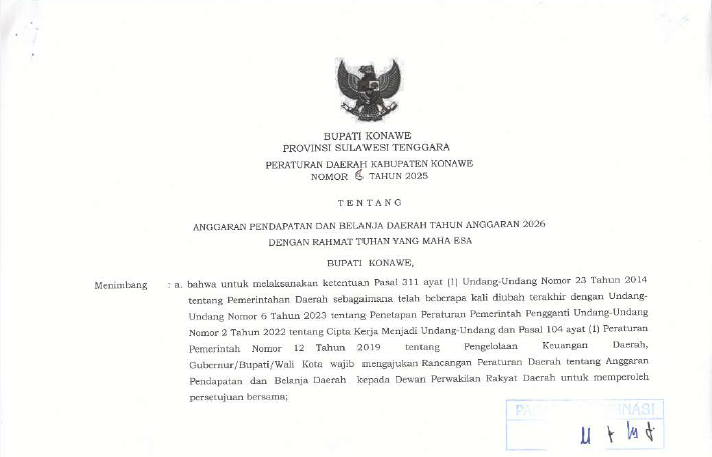 PERDA APBD TAHUN 2026 KABUPATEN KONAWE